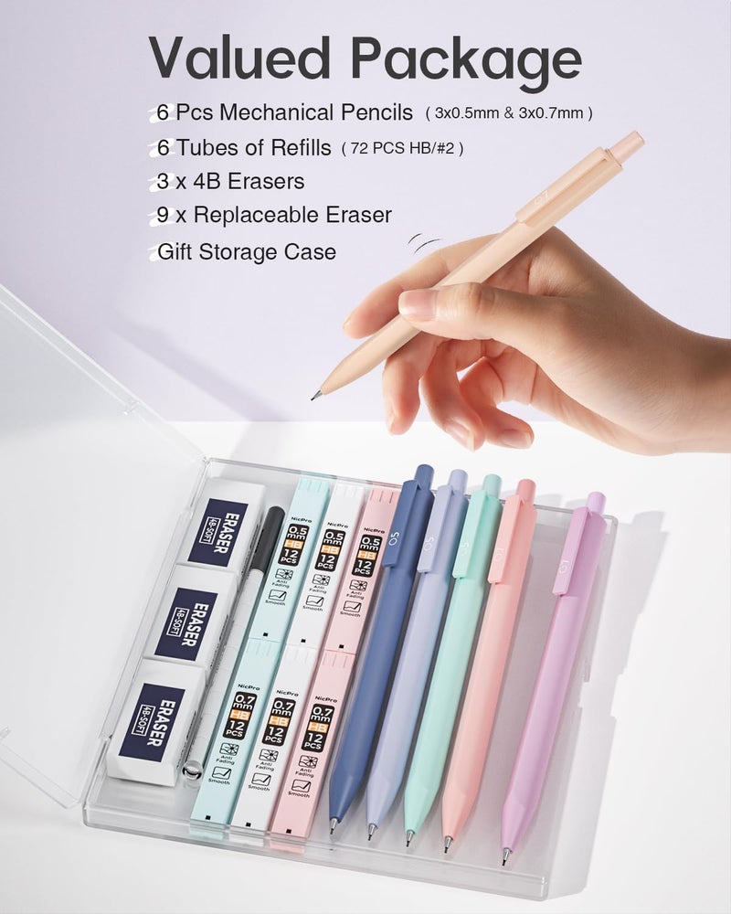Nicpro 6PCS Pastel Mechanical Pencil Set with Case, Cute Drafting Pencils 0.5mm & 0.7mm with 6 Tubes HB Lead Refills, Erasers, Eraser Refills, Aesthetic School Supplies for Girls Drawing Sketching - Image 5